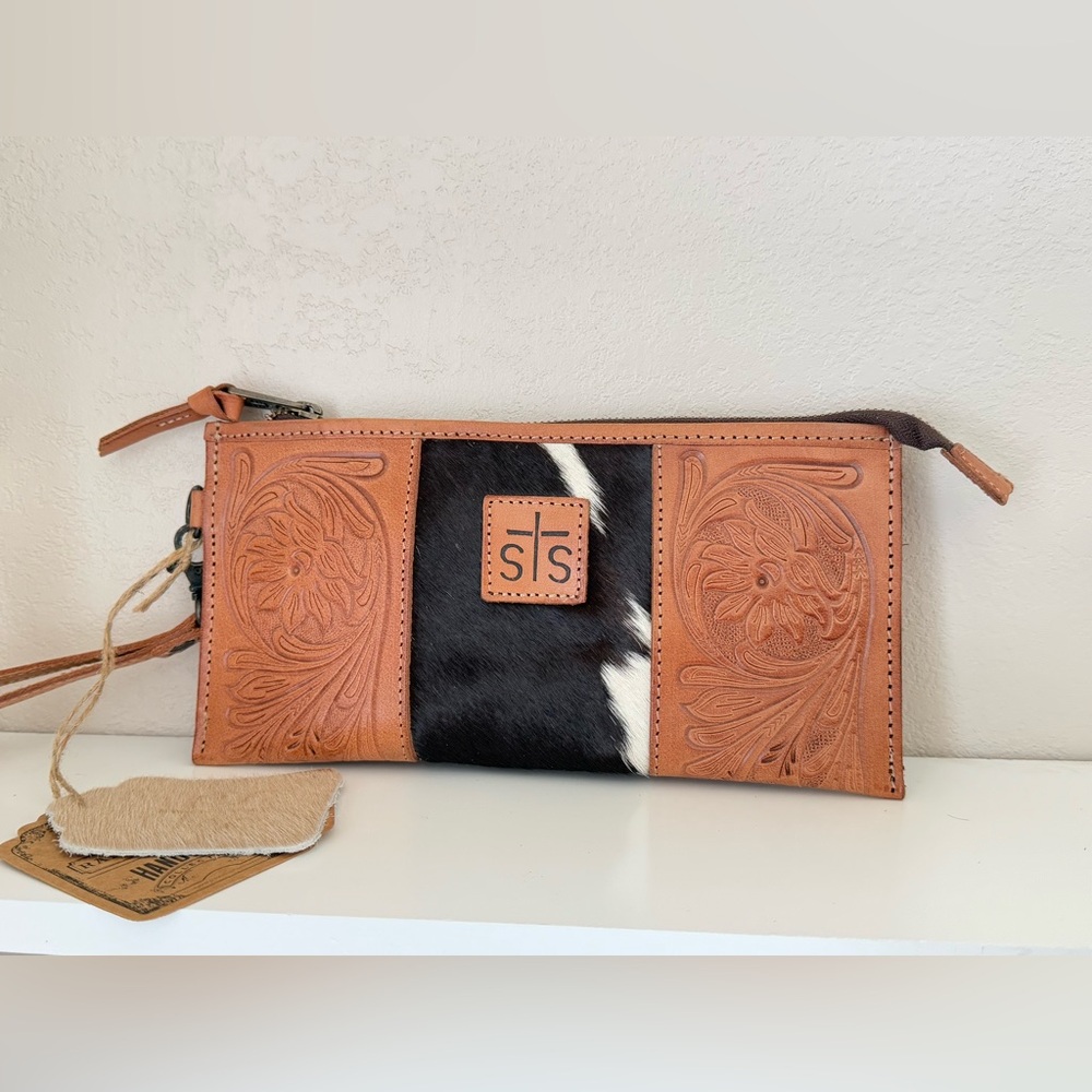 STS Ranchwear Cowhide & Tan Leather Clutch with Embossed Design